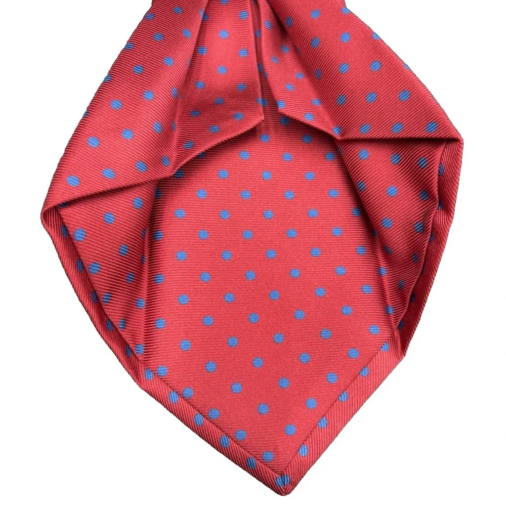 Kiton Napoli Repp 7 Fold 100% Silk Sexy Red Blue Dot's Thick Handmade in Italy